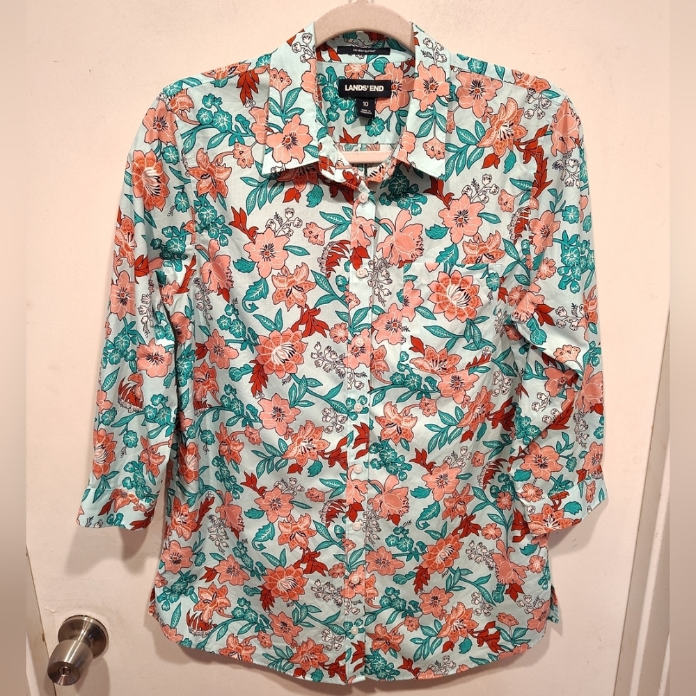 Lands' End Women's Colorful Floral No Iron Supima Cotton Button Down Shirt Sz 10